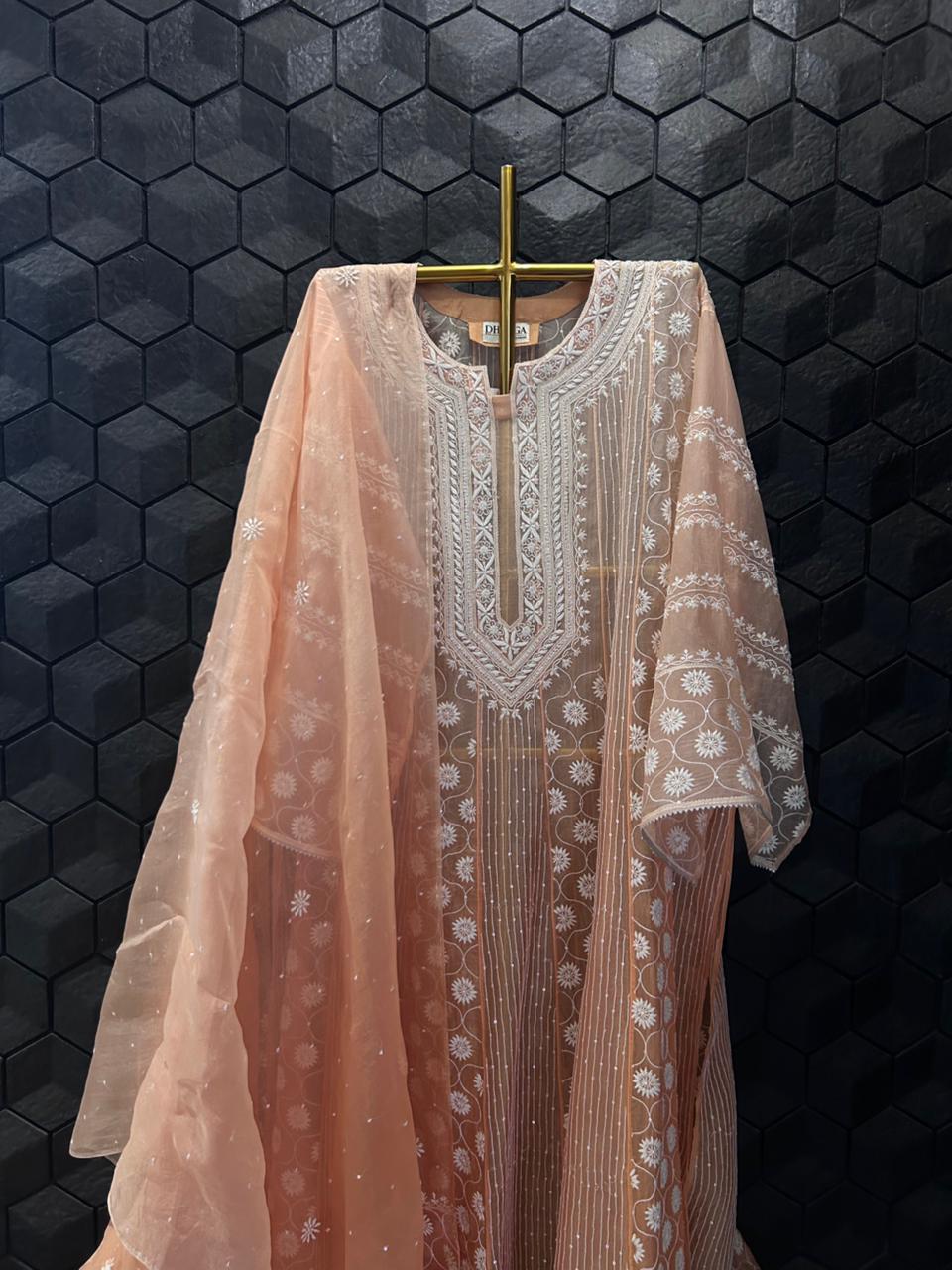 Orange Organza Chikankari Anarkali Suit Set