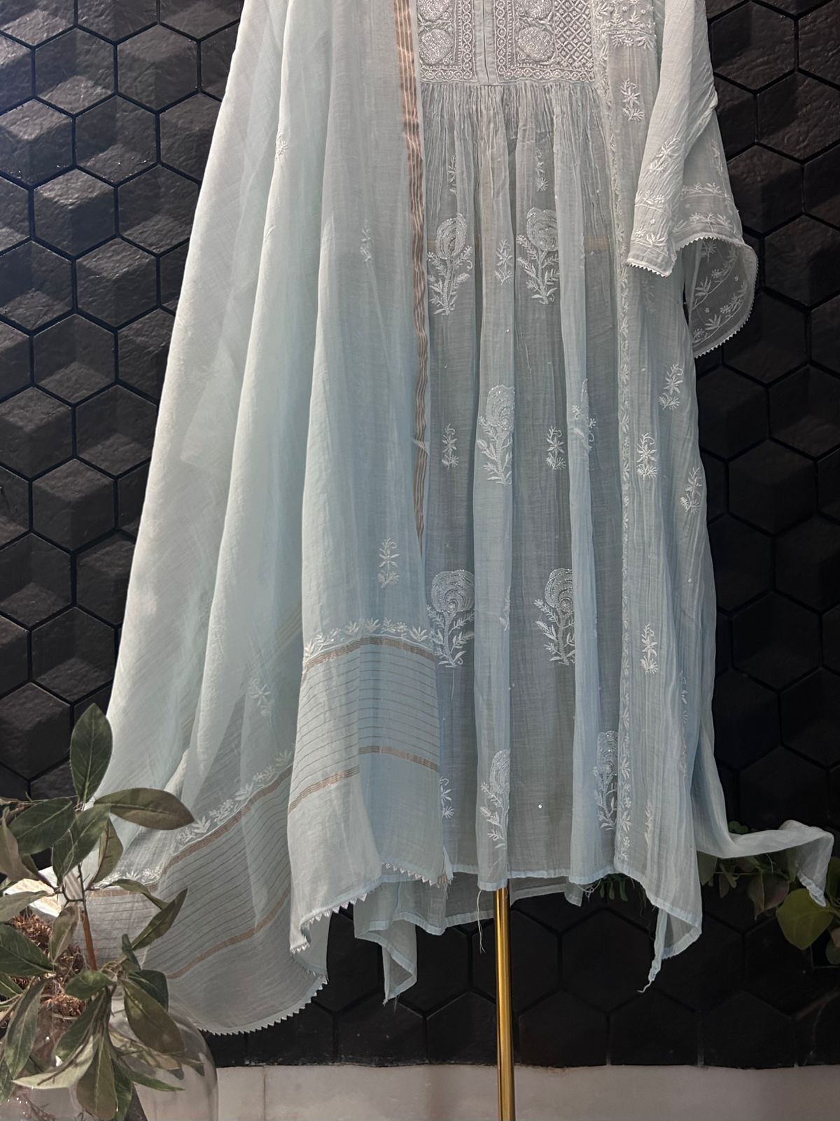 Sky Blue Mul Chanderi Chikankari Kurta Set