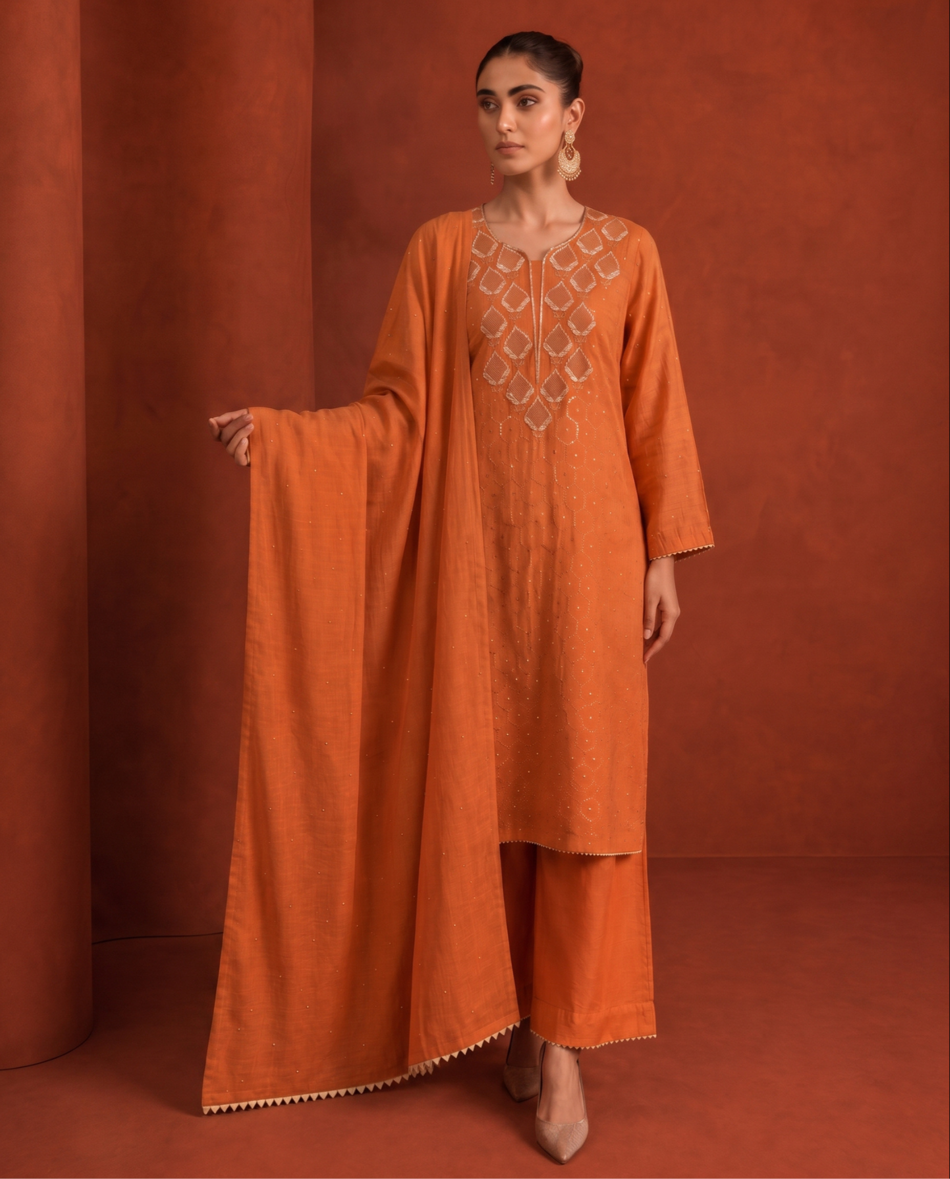 Burnt Orange Golden Tissue Mukaish and Kamdani Kurta Set