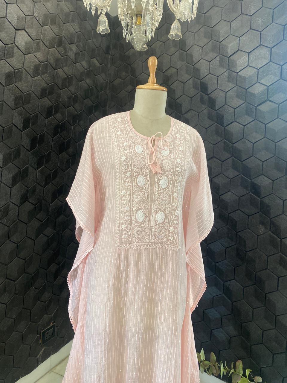 Pink Mul Chanderi Chikankari Kaftan