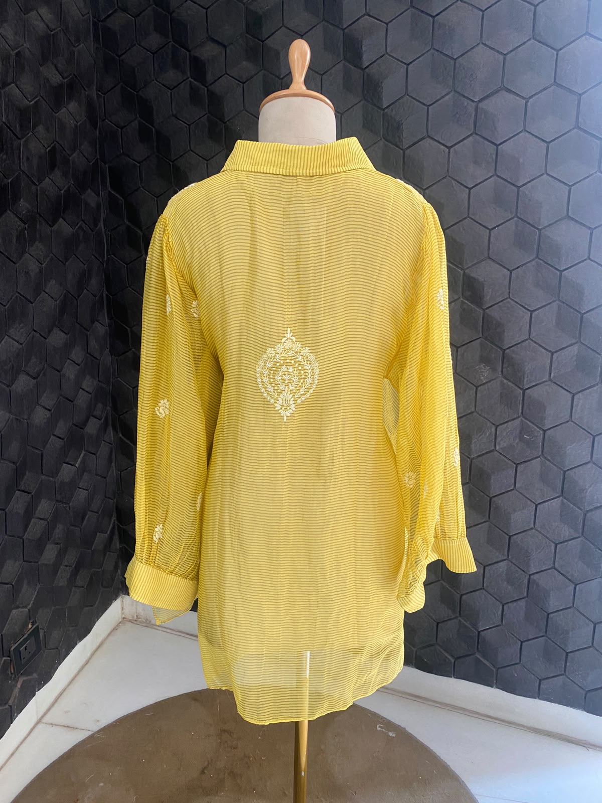 Yellow stribed tissue chikankari shirt