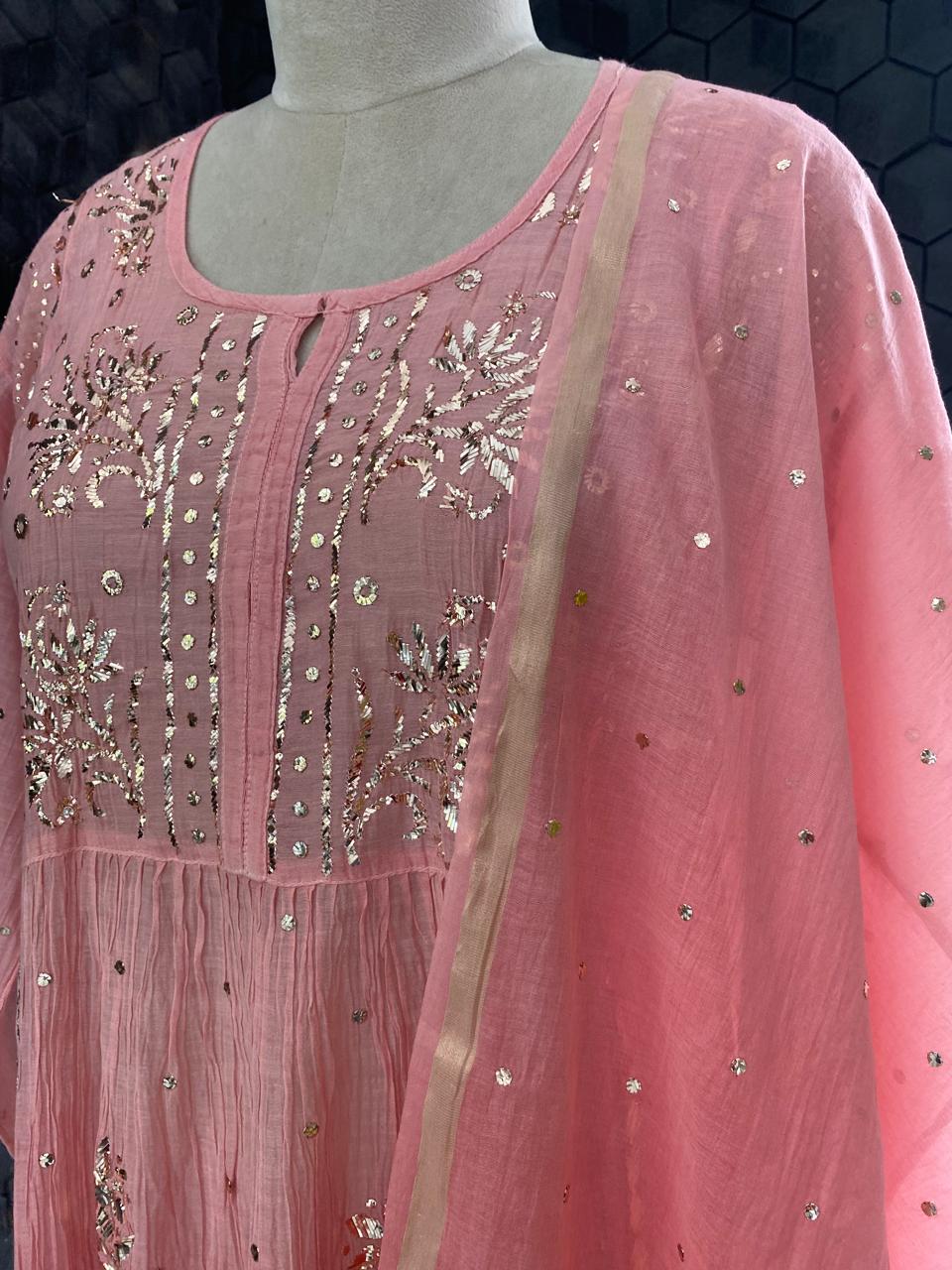 Pink Ombre Mul Chanderi A-Line Kurta Set