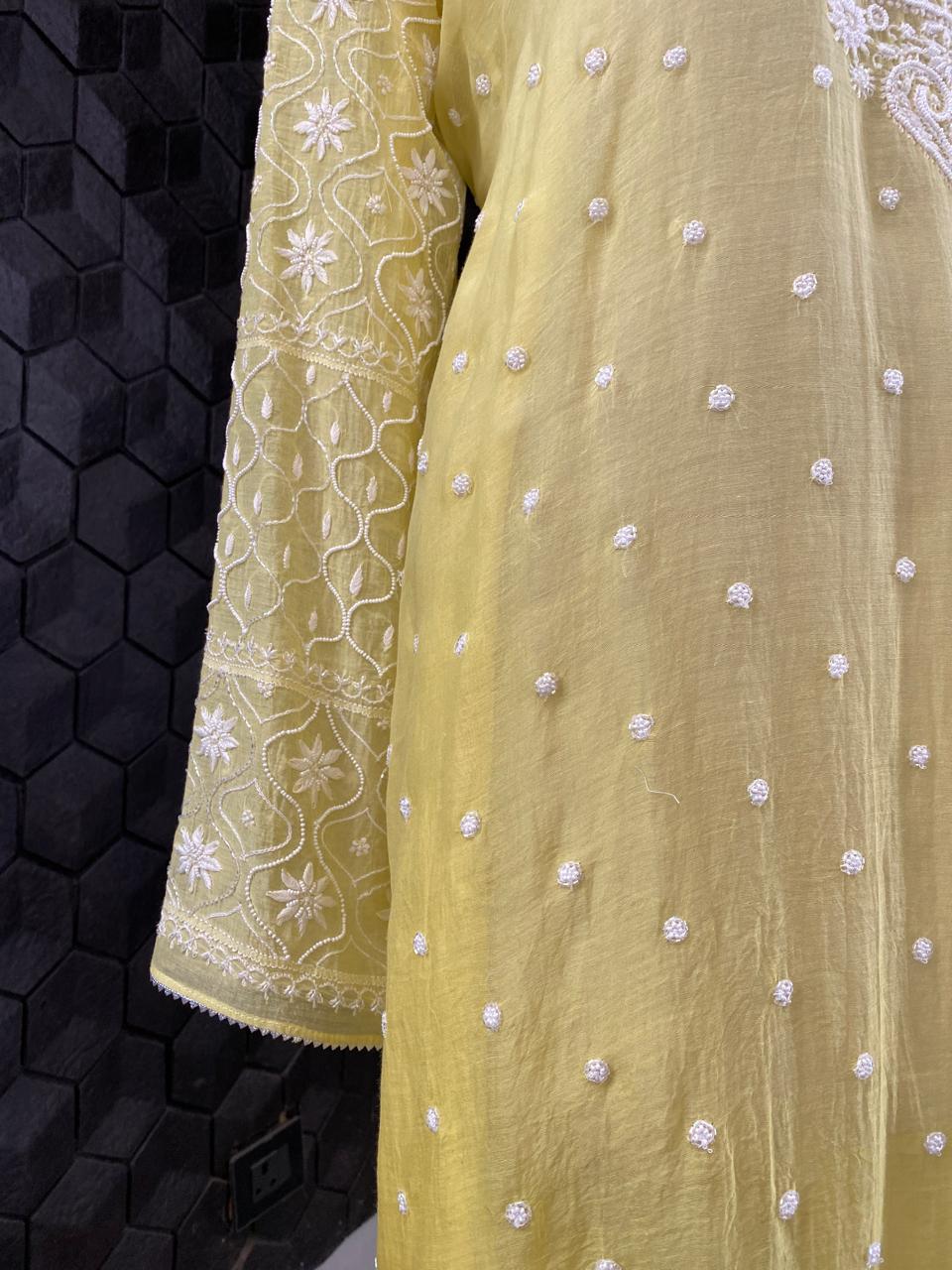 Yellow Mul Chanderi Chikankari Kurta Set