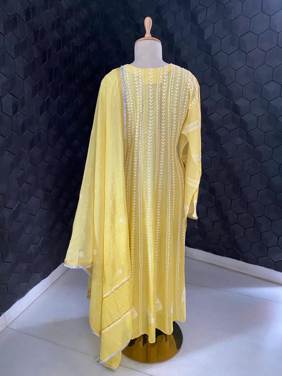 Yellow Mul Chanderi Anarkali kurta set