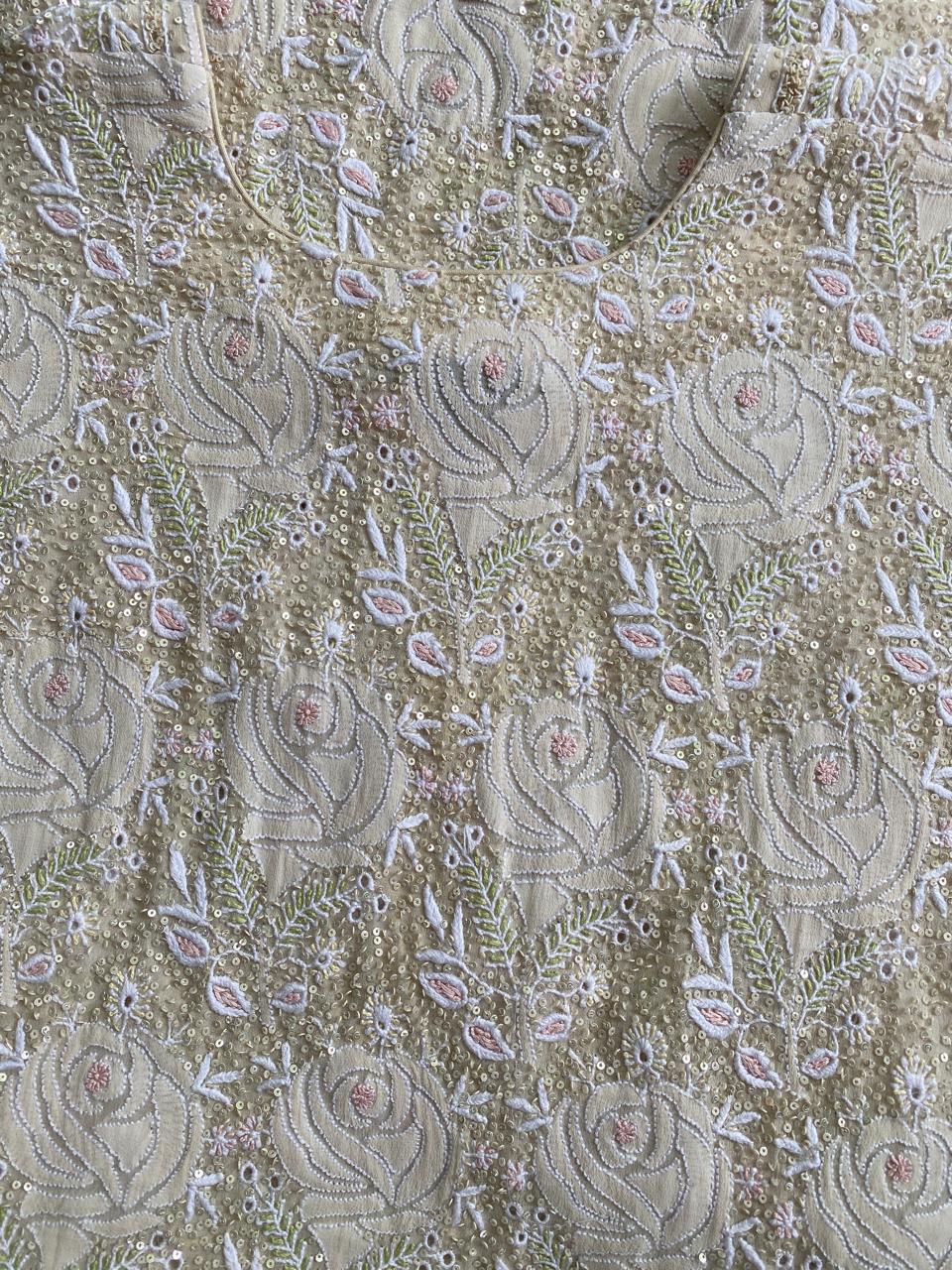 ivory georgette full jaal chikankari kurta set