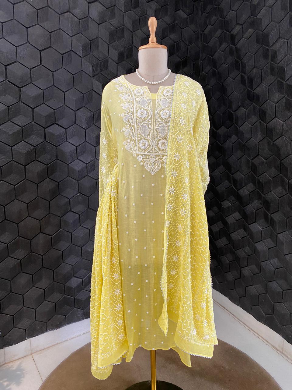 Yellow Mul Chanderi Chikankari Kurta Set