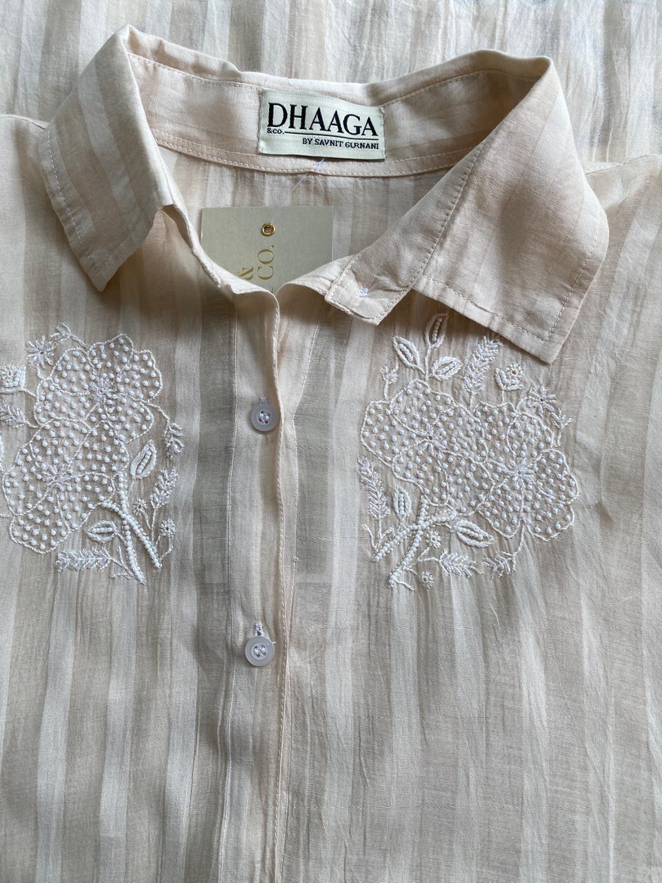 Beige striped Mul Chanderi Chikankari Co-ord set