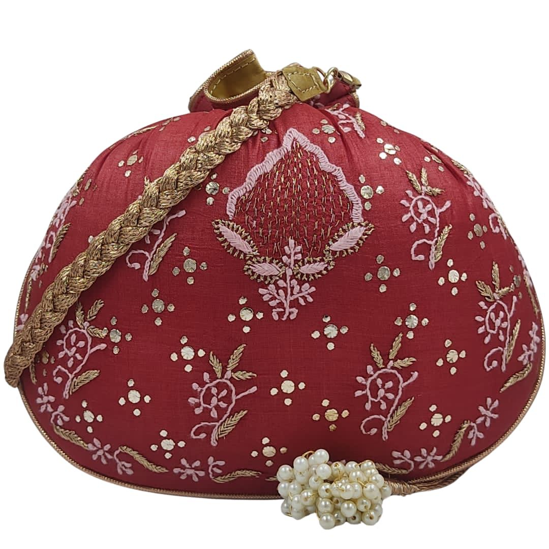 Red Chikankari Potli Bag