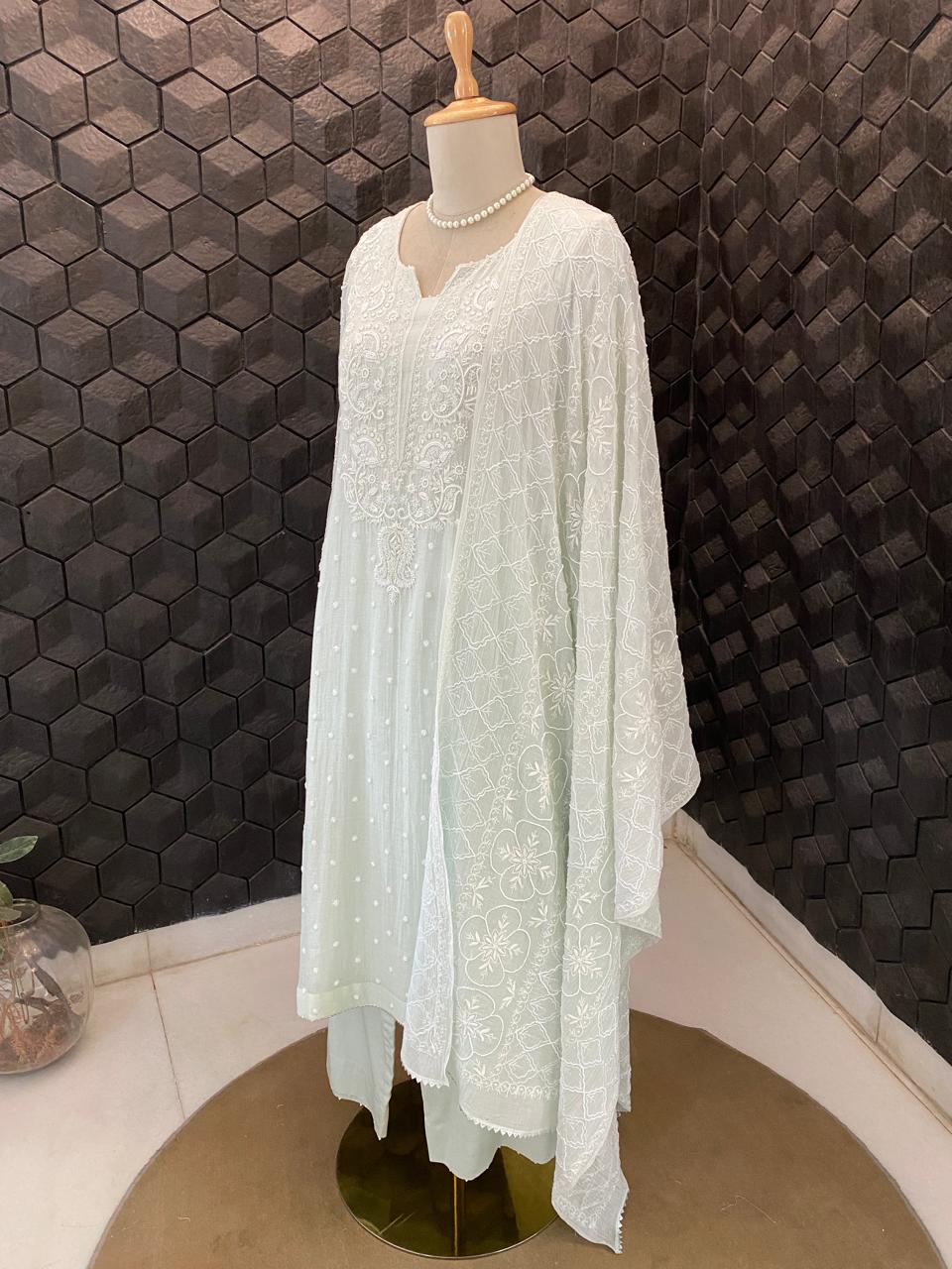 Sea Green Mul Chanderi Chikankari Kurta Set