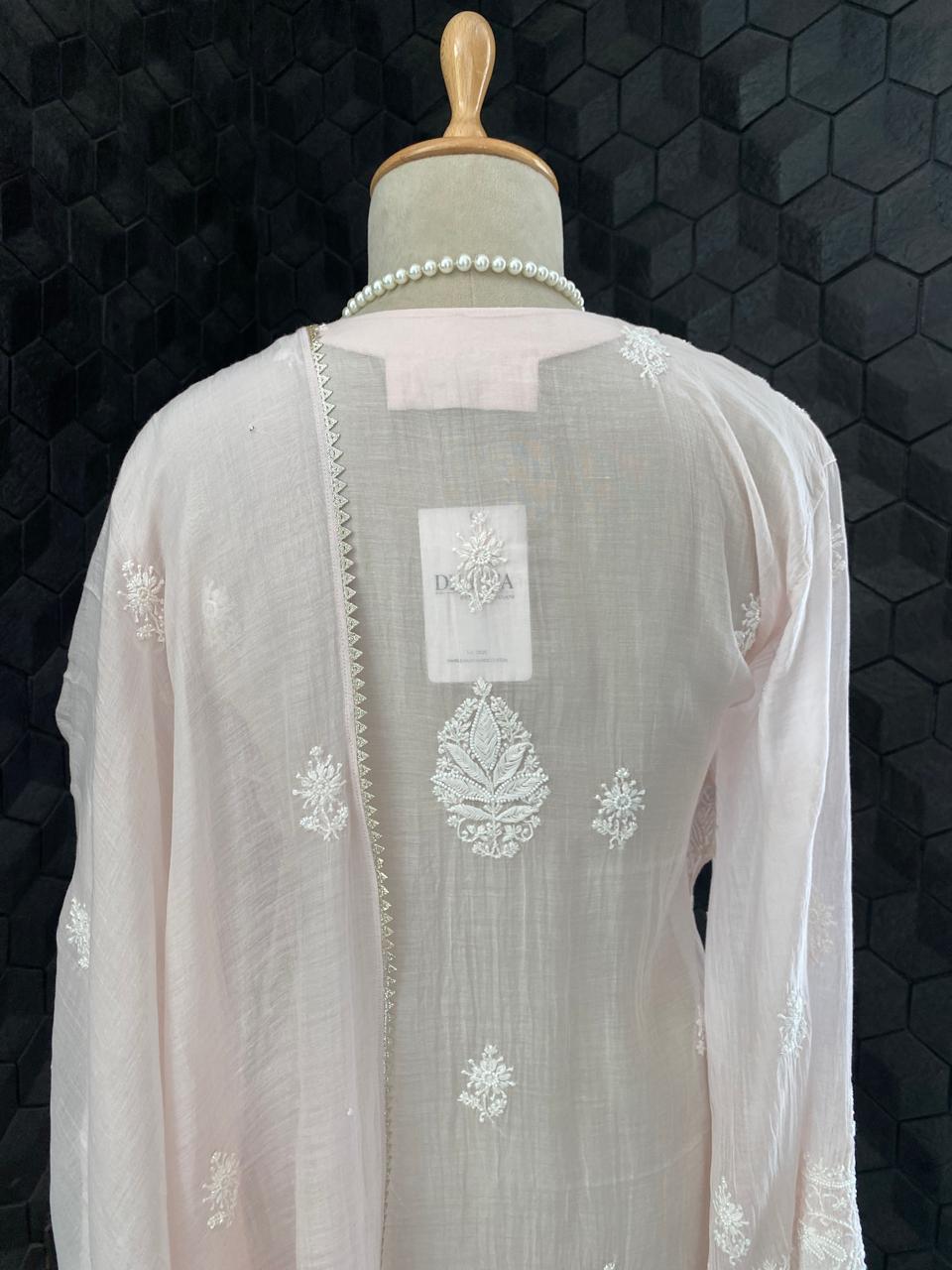 pink mul chanderi full jaal chikankari kurta set