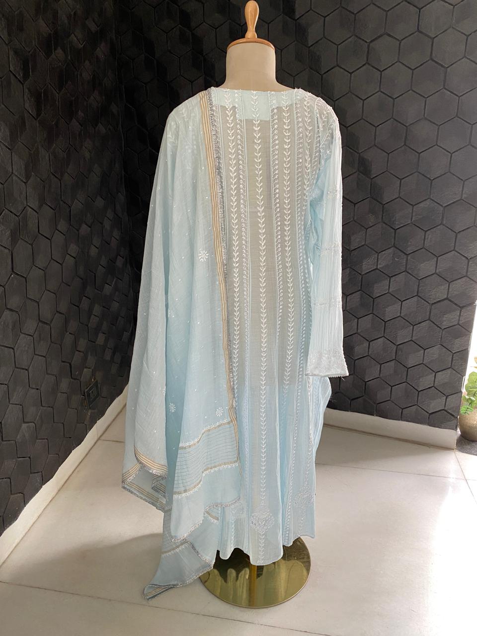 sky blue Mul Chanderi Anarkali kurta set