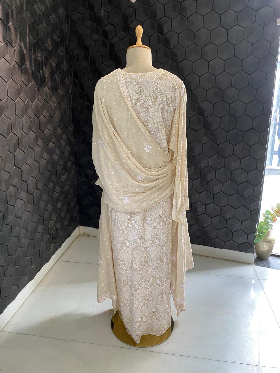 ivory georgette full jaal chikankari kurta set