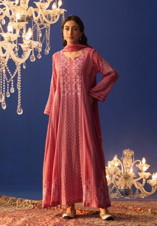 Magenta Tissue Chikankari Kalidar Kurta Set