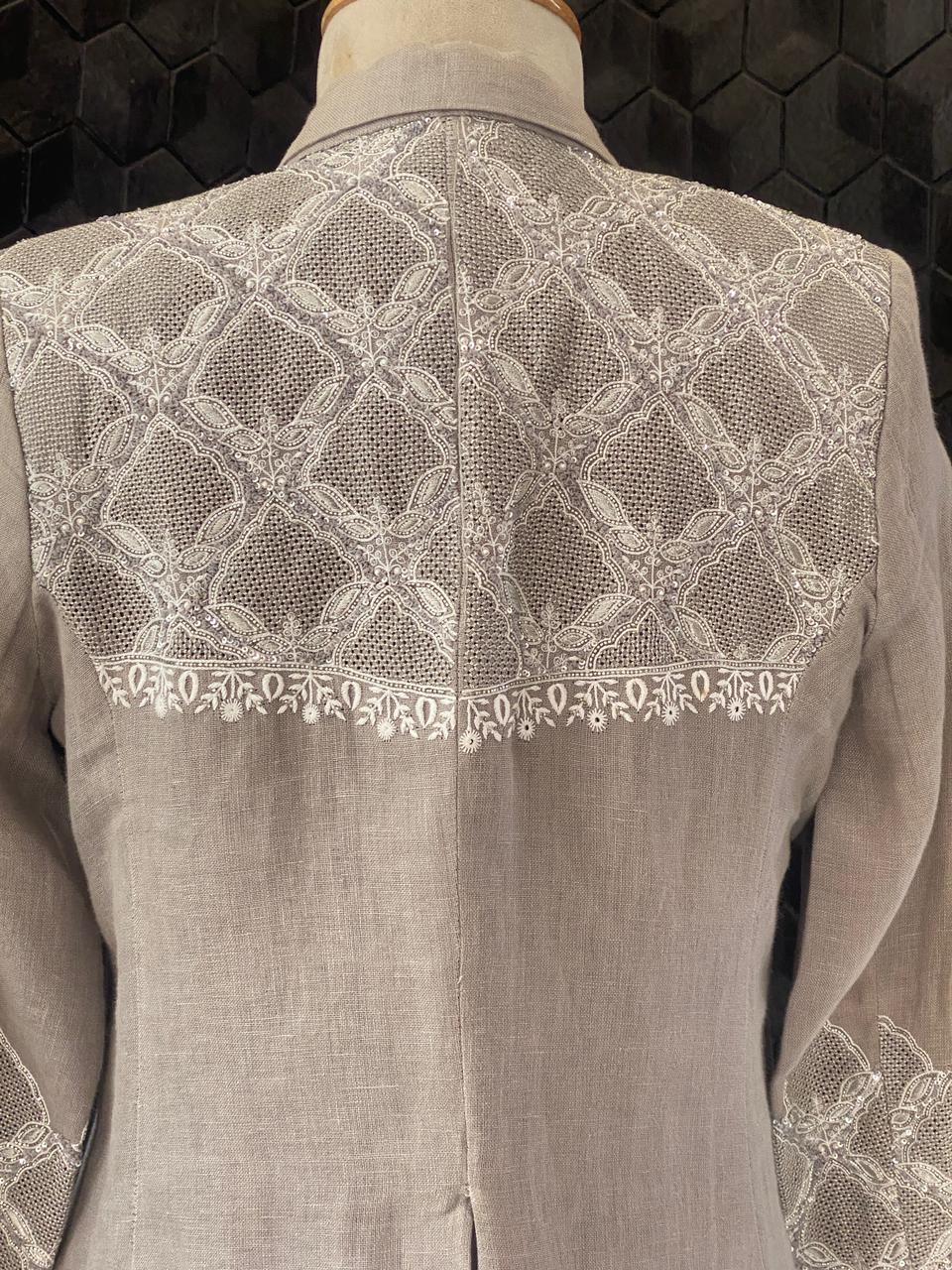 Grey Linen Jaal Boota Blazer Set