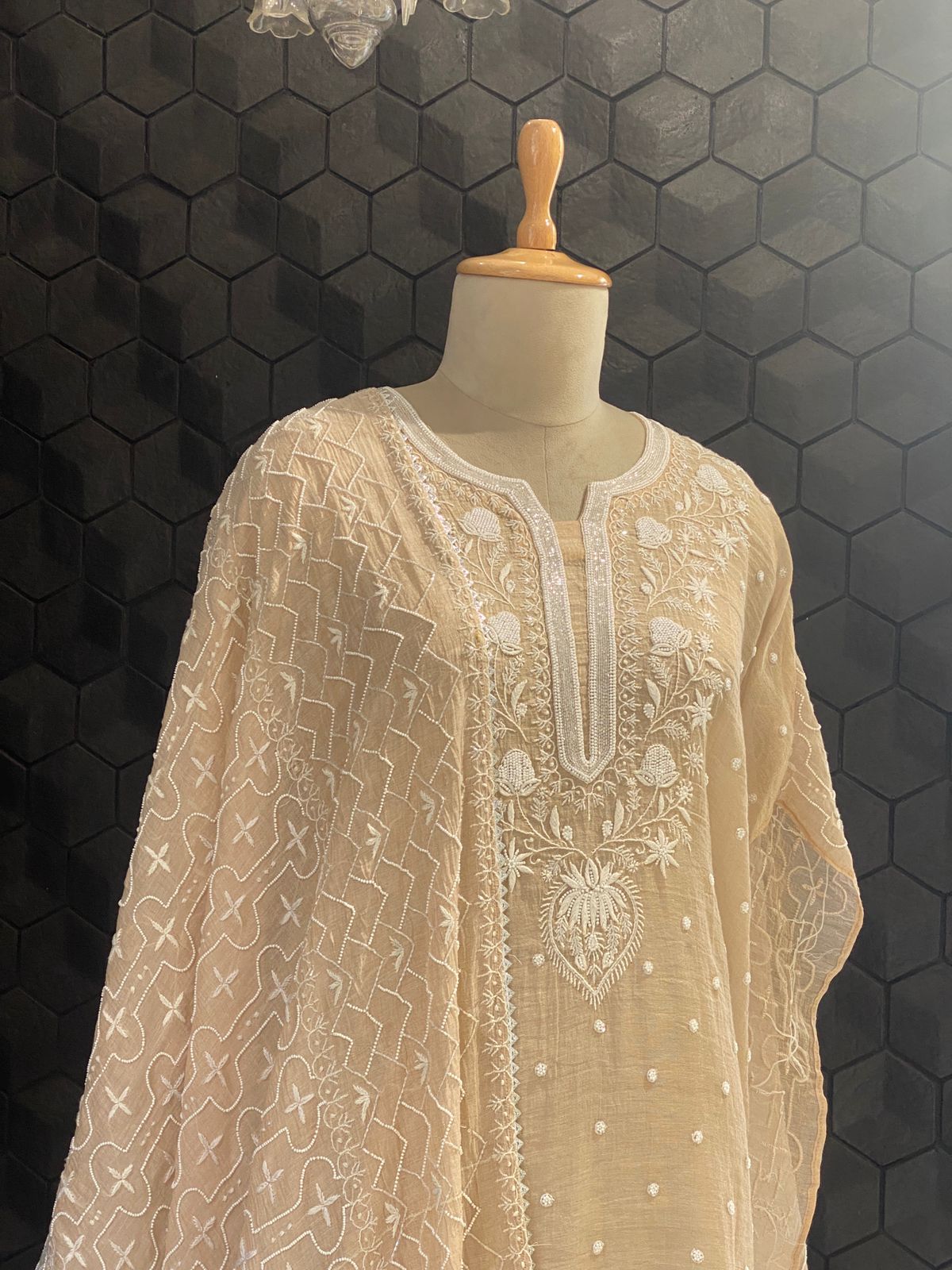 Natural Golden Tissue Chikankari Kurta Set