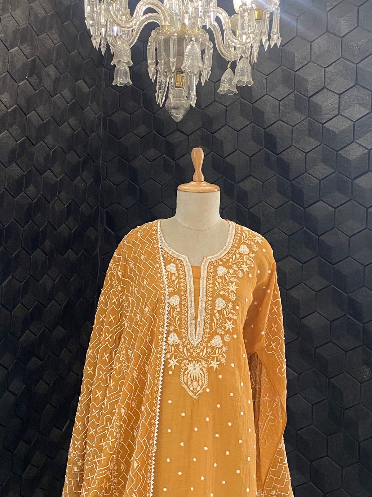 Mustard Golden Tissue Chikankari  Suit Set