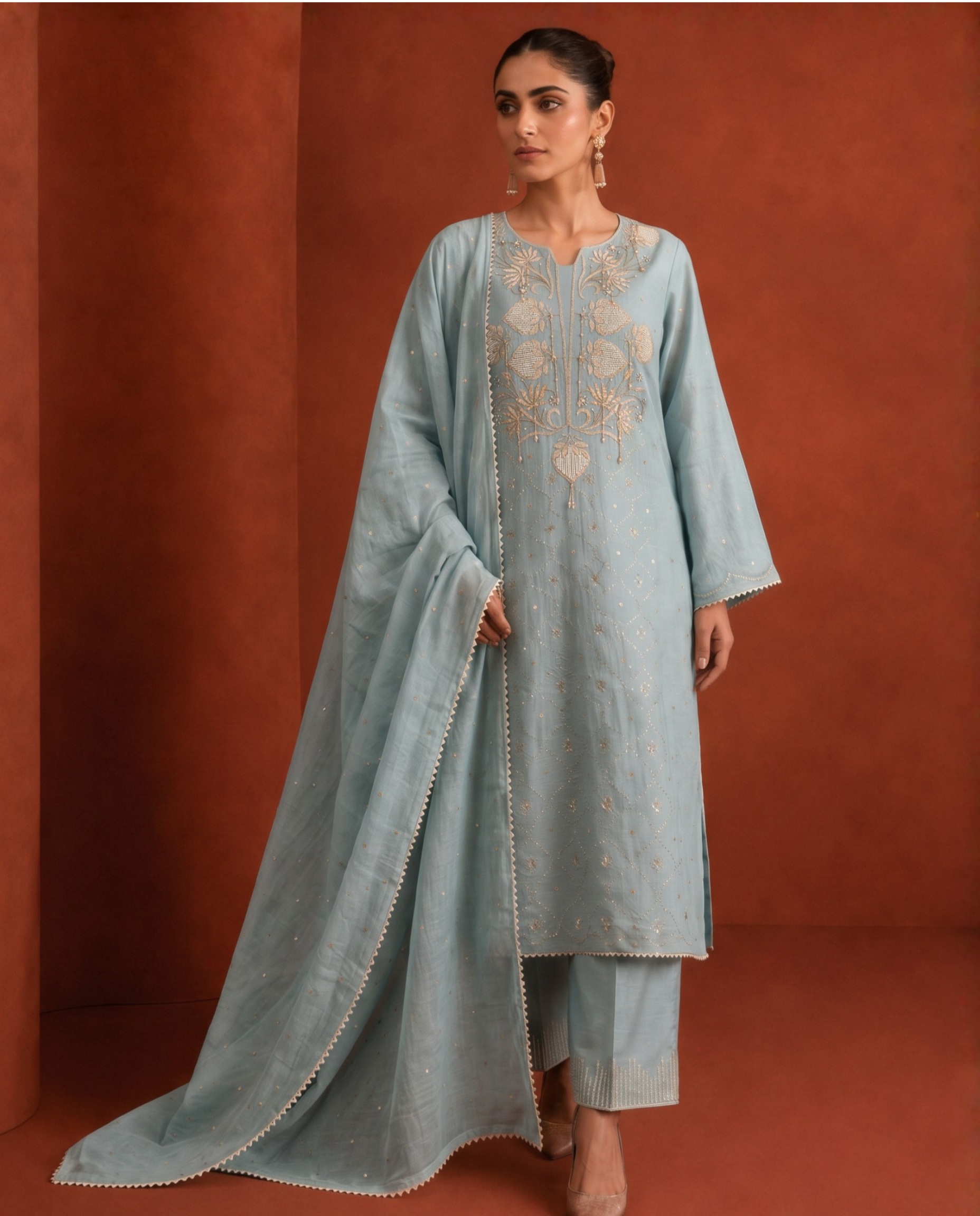 Teal Green Golden Tissue Mukaish and Kamdani Kurta Set