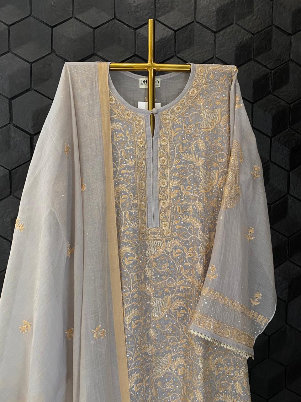 Lilac Golden Tissue Chikankari Kurta Set