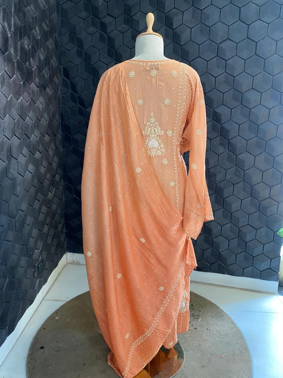 Orange mul chanderi chikankari Anarkali kurta set