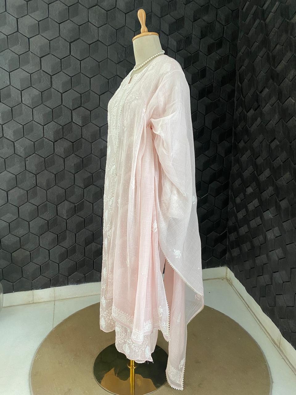 pink mul chanderi full jaal chikankari kurta set