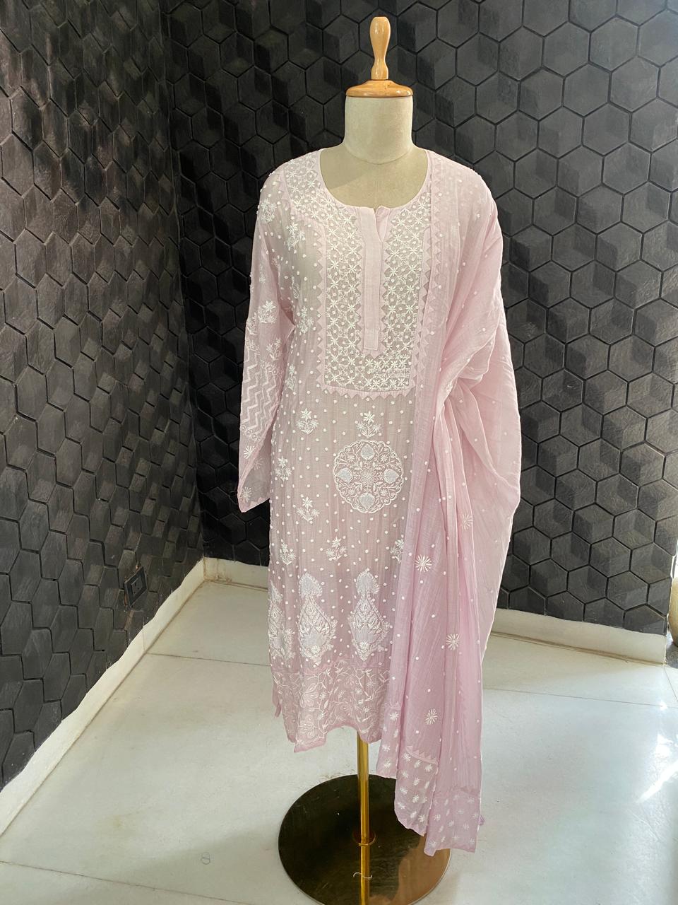 lilac mul chanderi chikankari kurta set