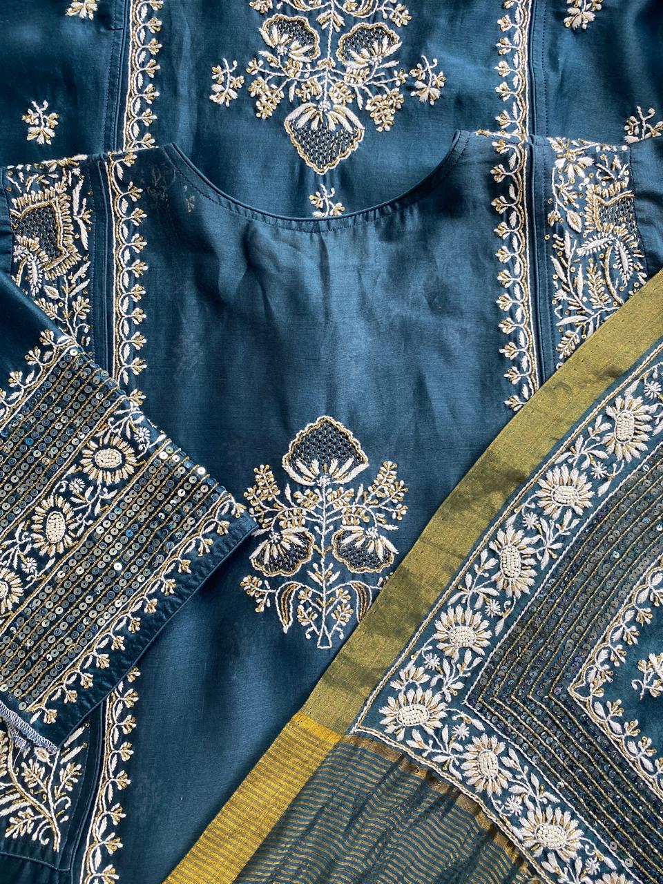 teal blue chanderi chikankari kurta set