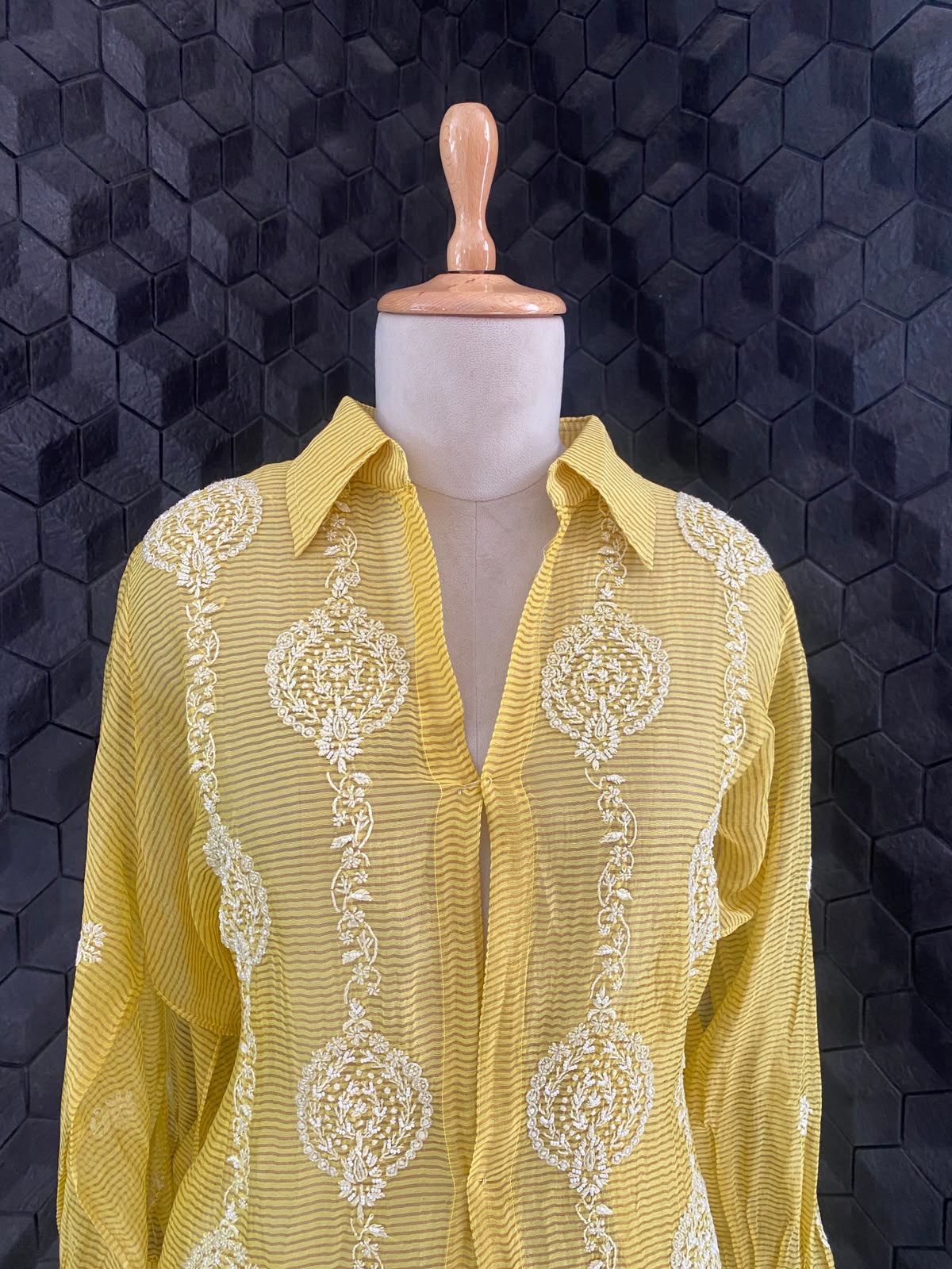 Yellow stribed tissue chikankari shirt