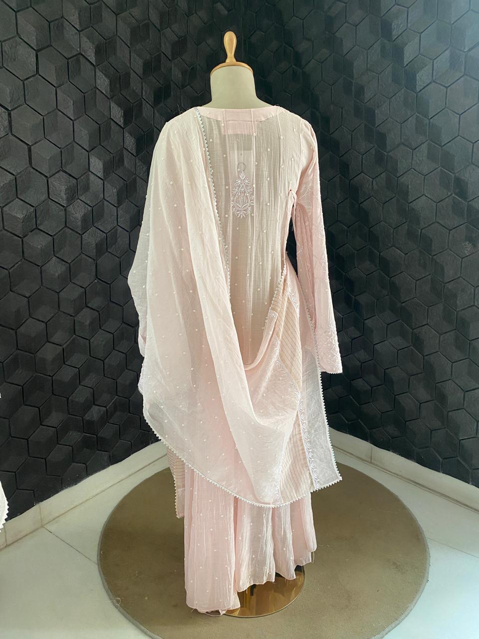 Pink chikankari Anarkali Suit in Mul Chanderi