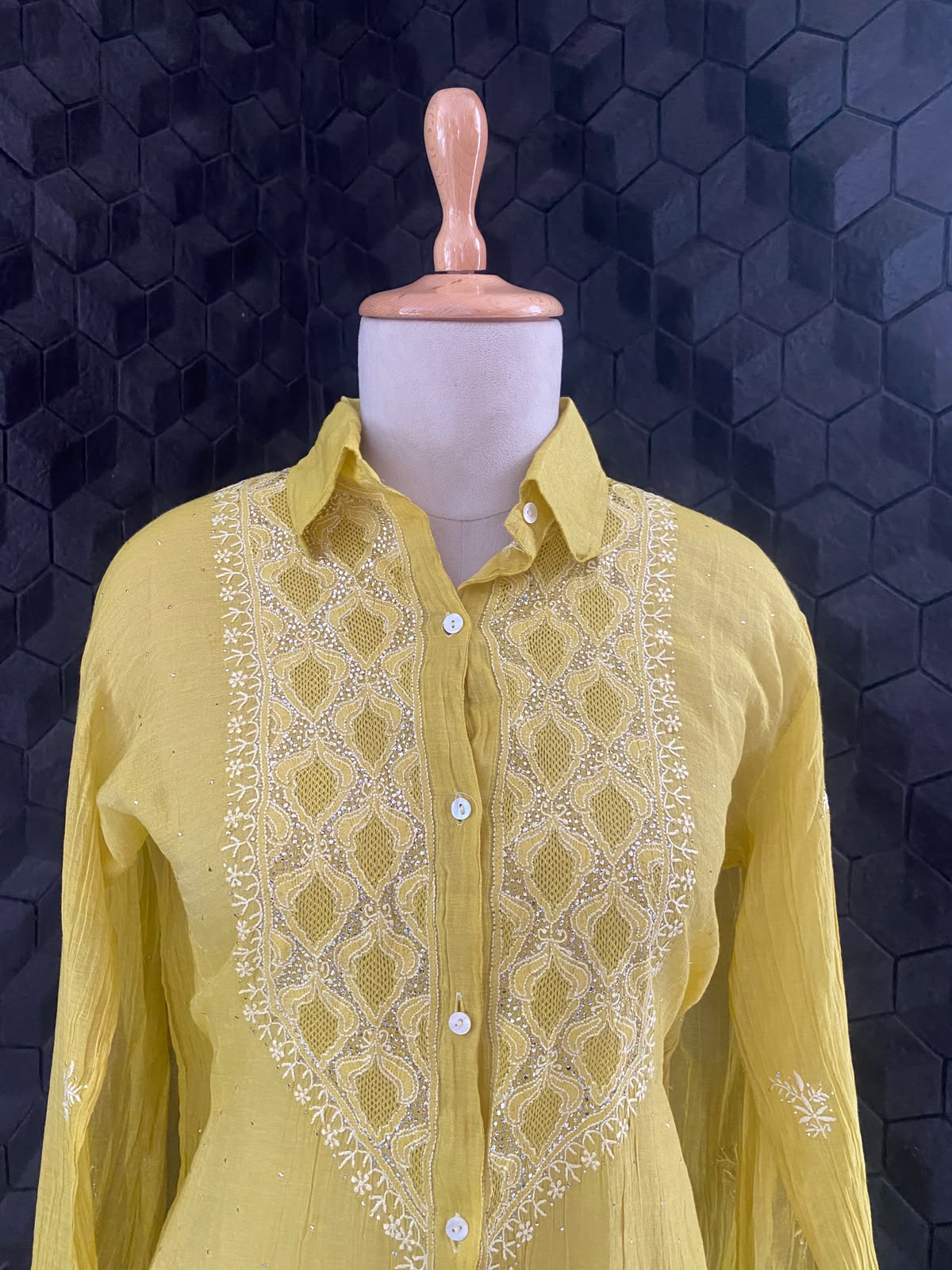 Yellow Golden tissue chikankari shirt