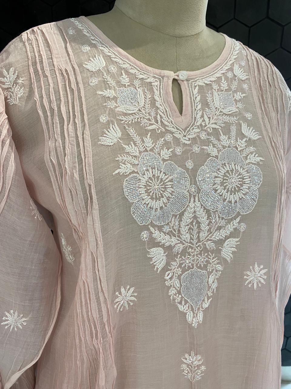 Blush Pink mul chanderi chikankari co-ord set