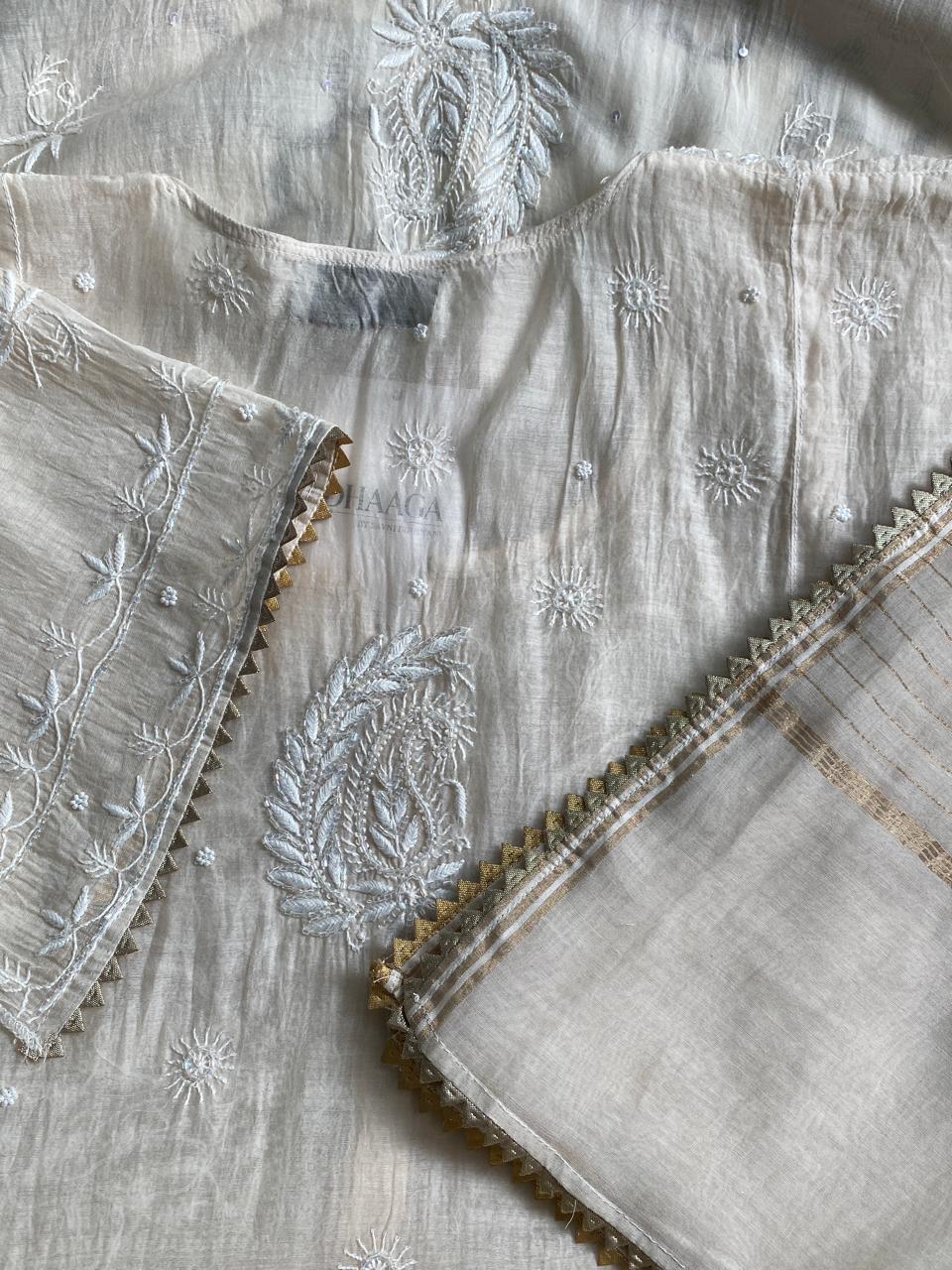 Beige Mul Chanderi Chikankari Kurta Set