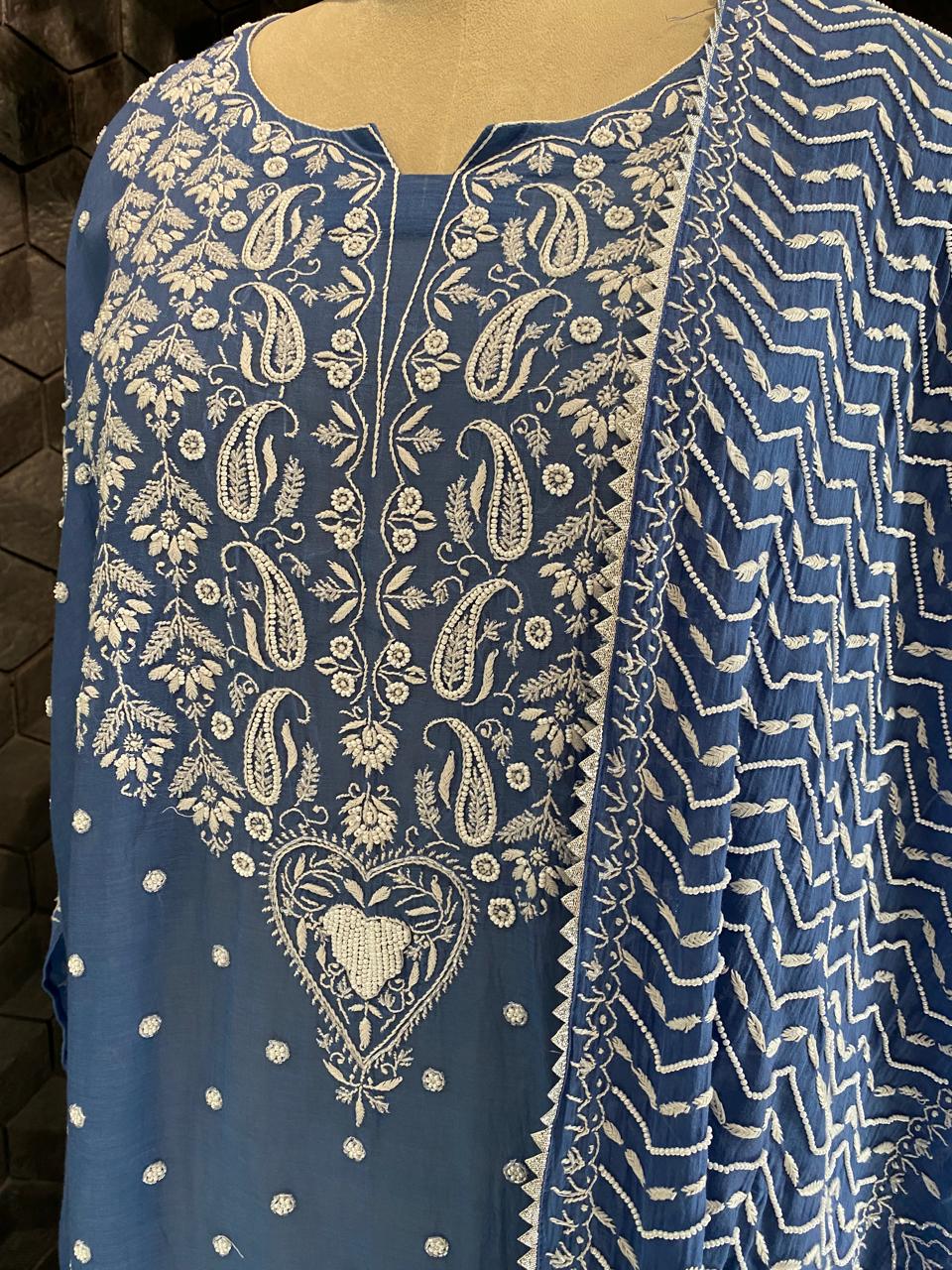 Cobalt Blue Mul chanderi chikankari with heavy dupatta kurta set