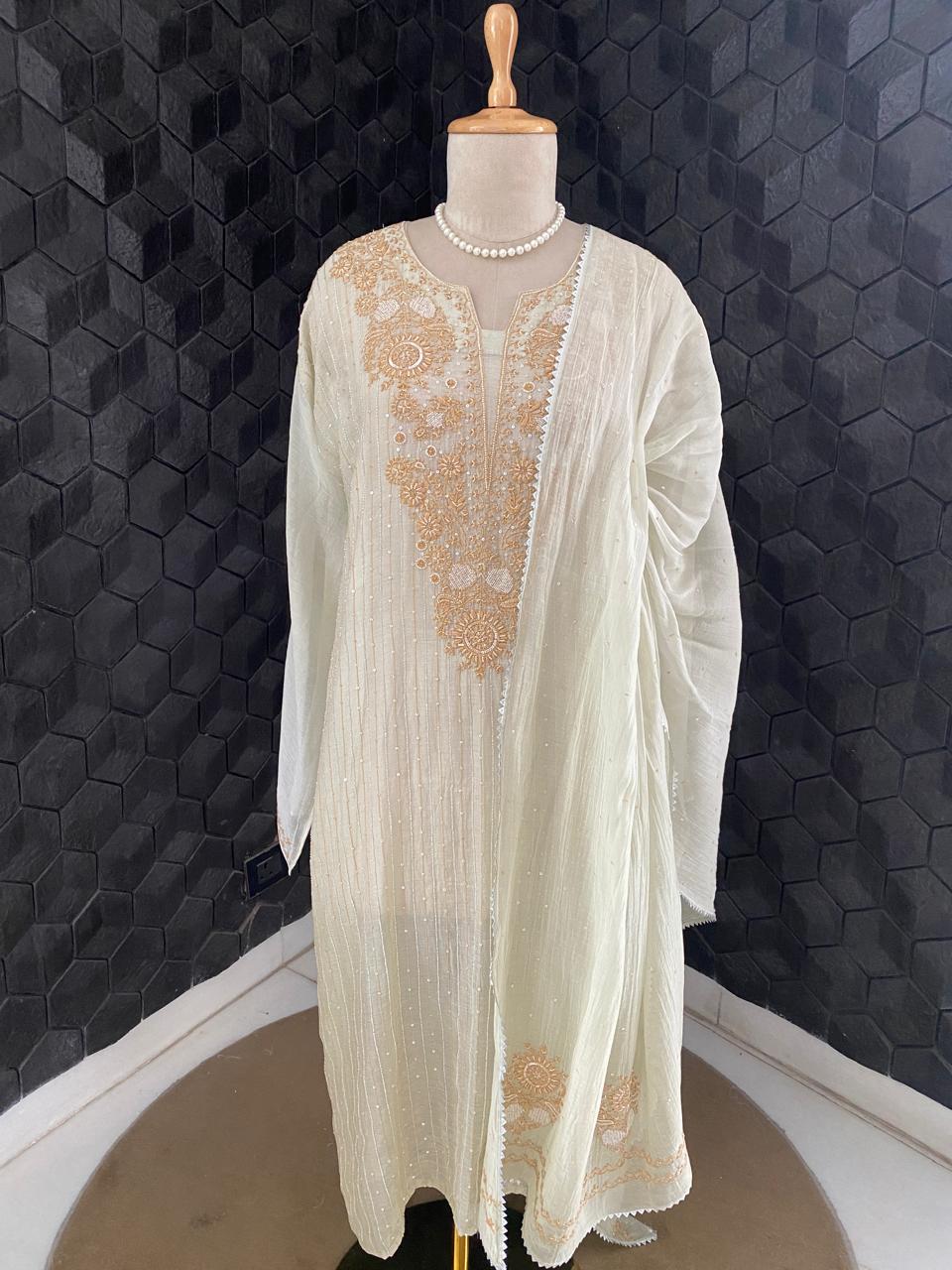 Pista Green Mul Chanderi Chikankari Kurta Set
