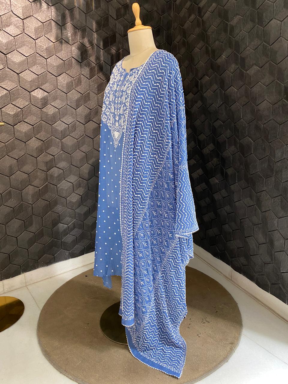 Cobalt Blue Mul chanderi chikankari with heavy dupatta kurta set