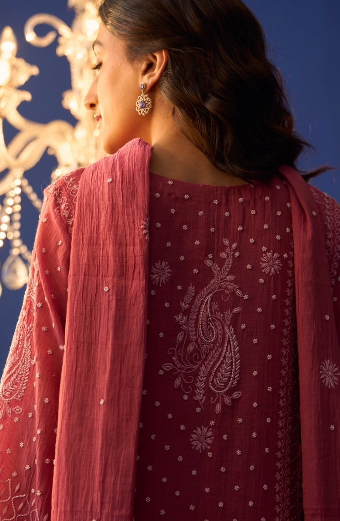 Magenta Tissue Chikankari Kalidar Kurta Set