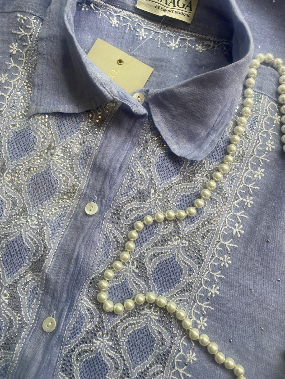 Ash Blue Golden tissue chikankari shirt
