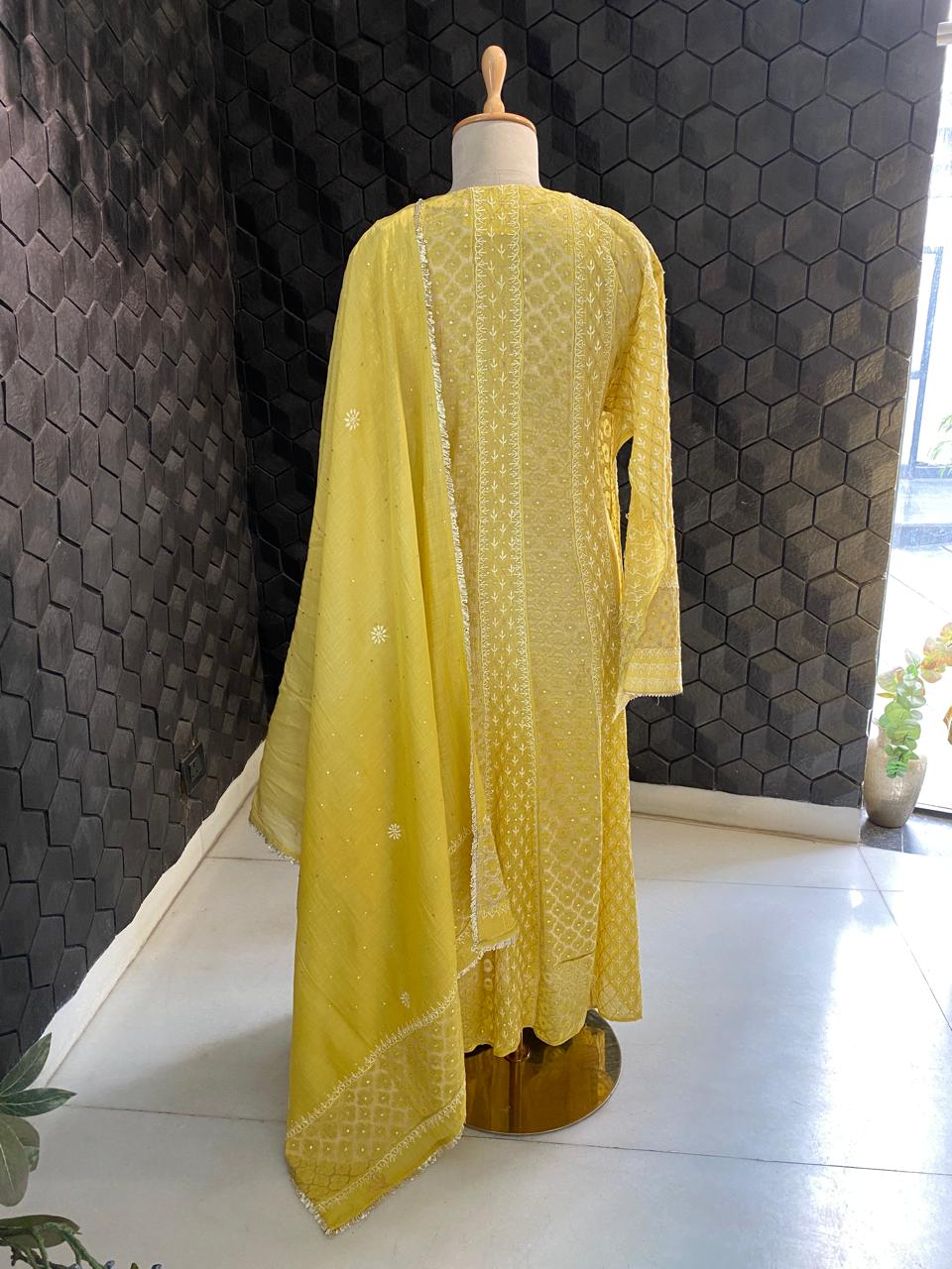 yellow mul chanderi chikankari Anarkali kurta set