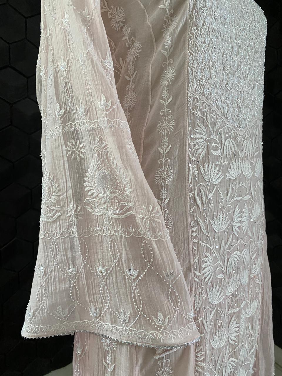 Pink Centre Panel Lotus Chikankari Mul Chanderi Kurta Set