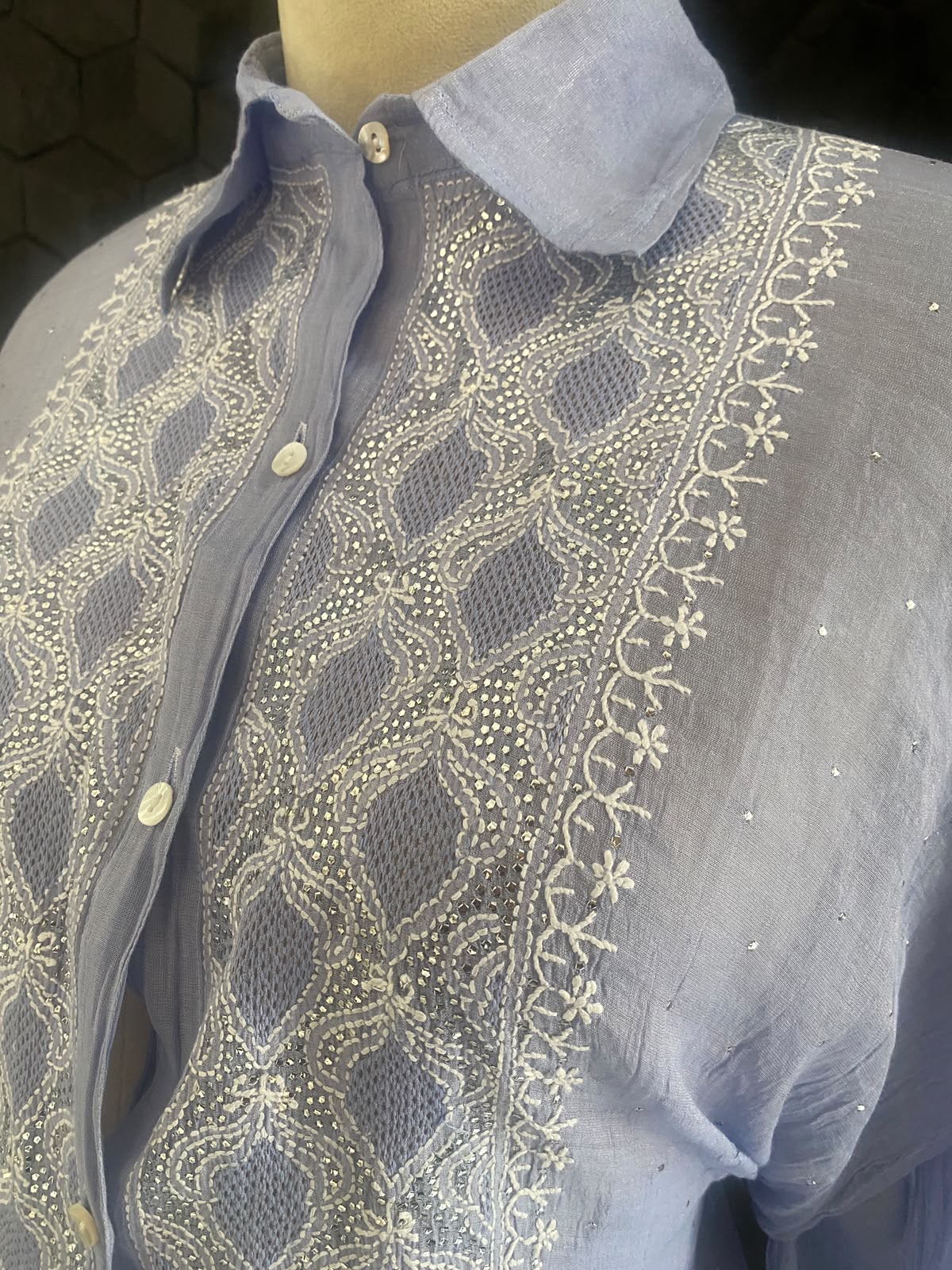 Ash Blue Golden tissue chikankari shirt
