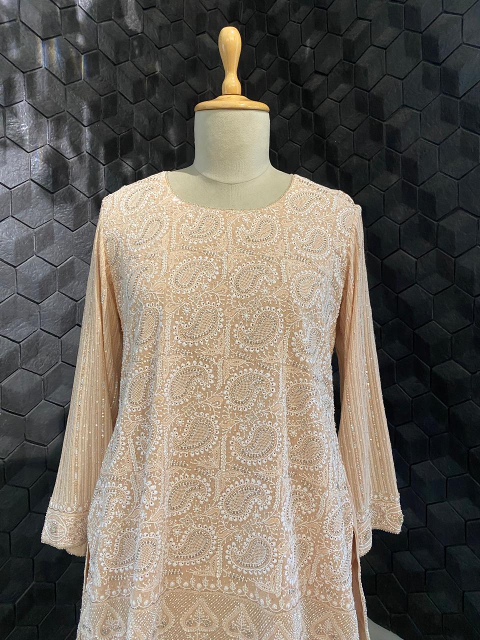 Peach Georgette Chikankari Sharara Set With Paisley Jaal