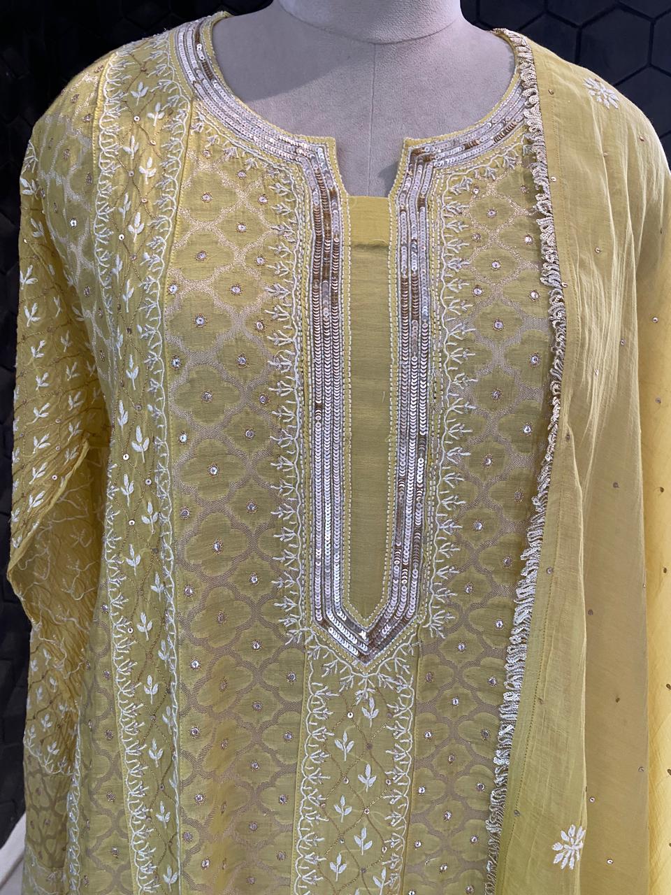 yellow mul chanderi chikankari Anarkali kurta set