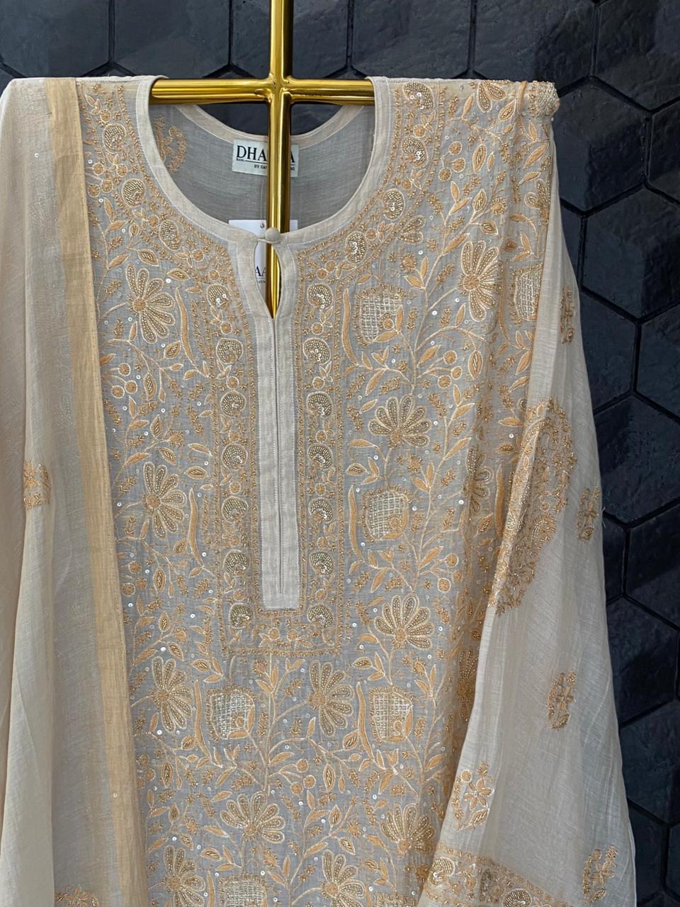Natural Golden Tissue Chikankari Kurta Set