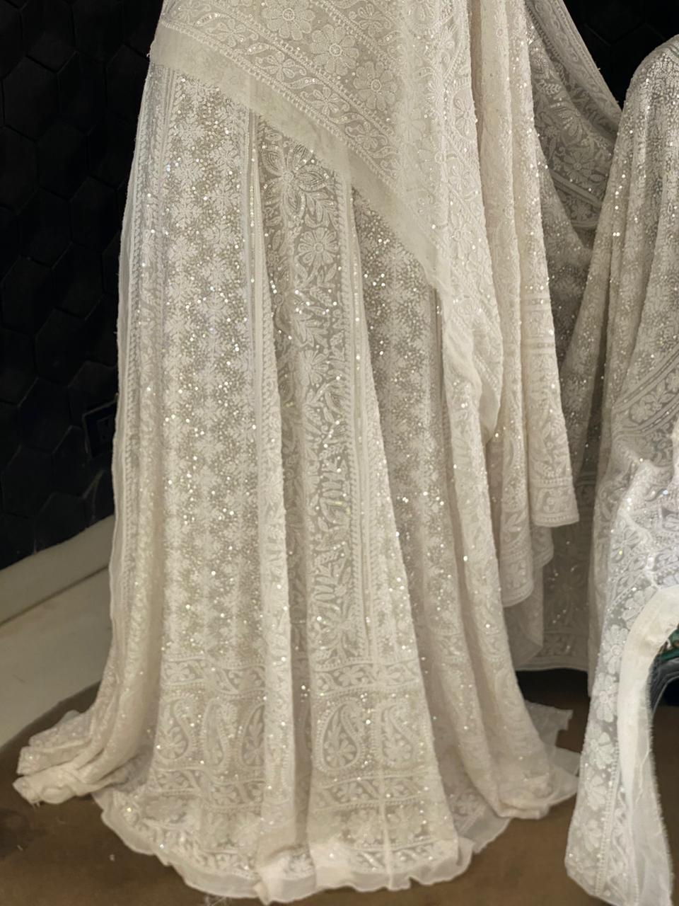 White Georgette Floral Chikankari Lehenga Set