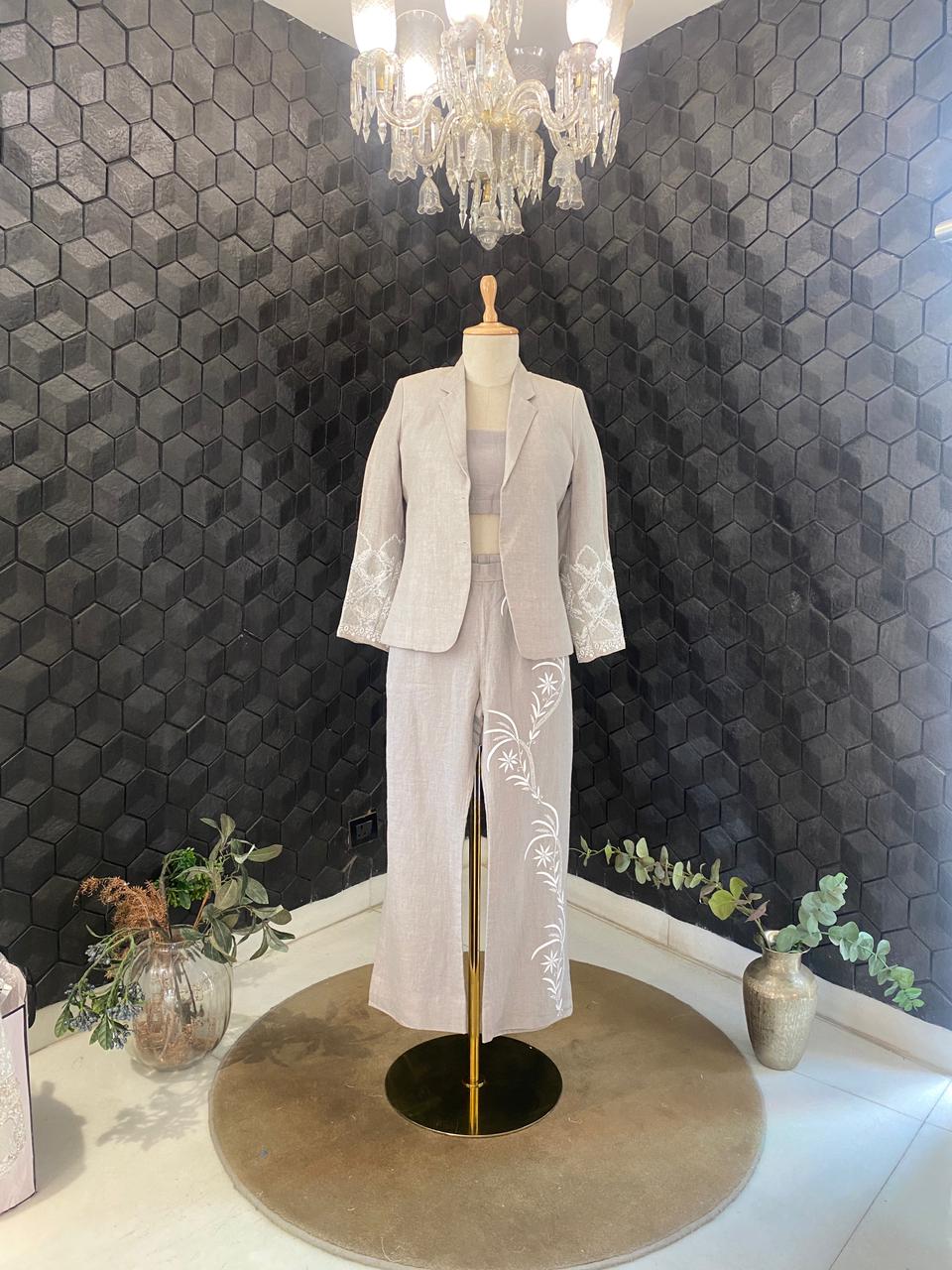 Grey Linen Jaal Boota Blazer Set