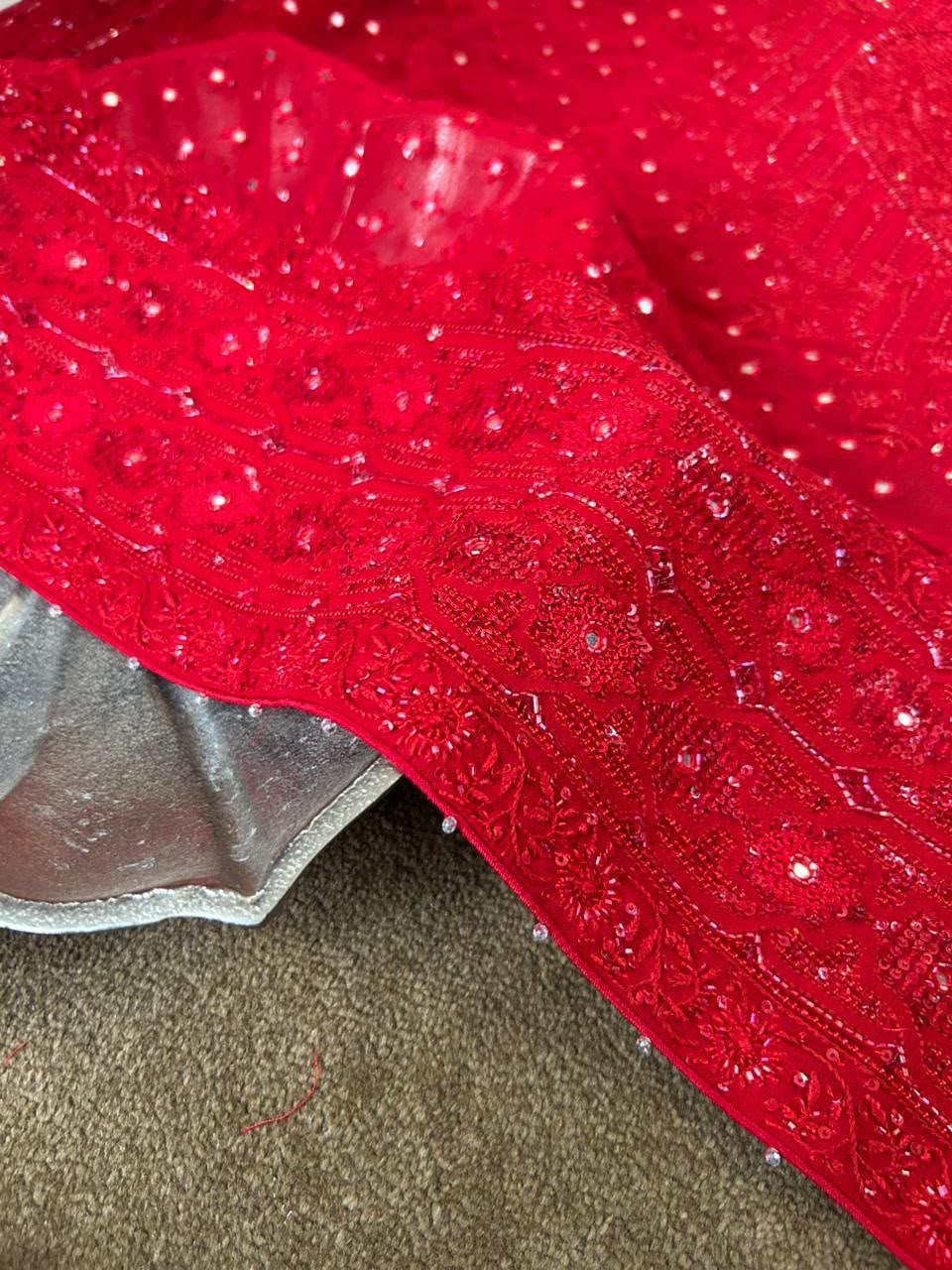 Red Georgette Chikankari Heavy Dupatta