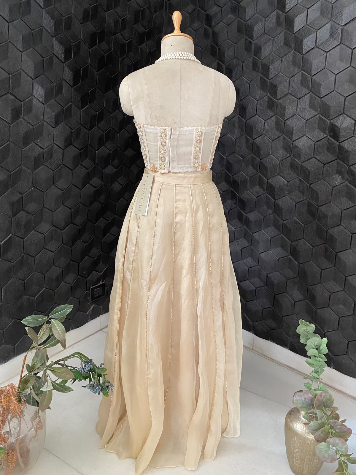 Ivory Chikankari Bustier With Beige Organza Skirt