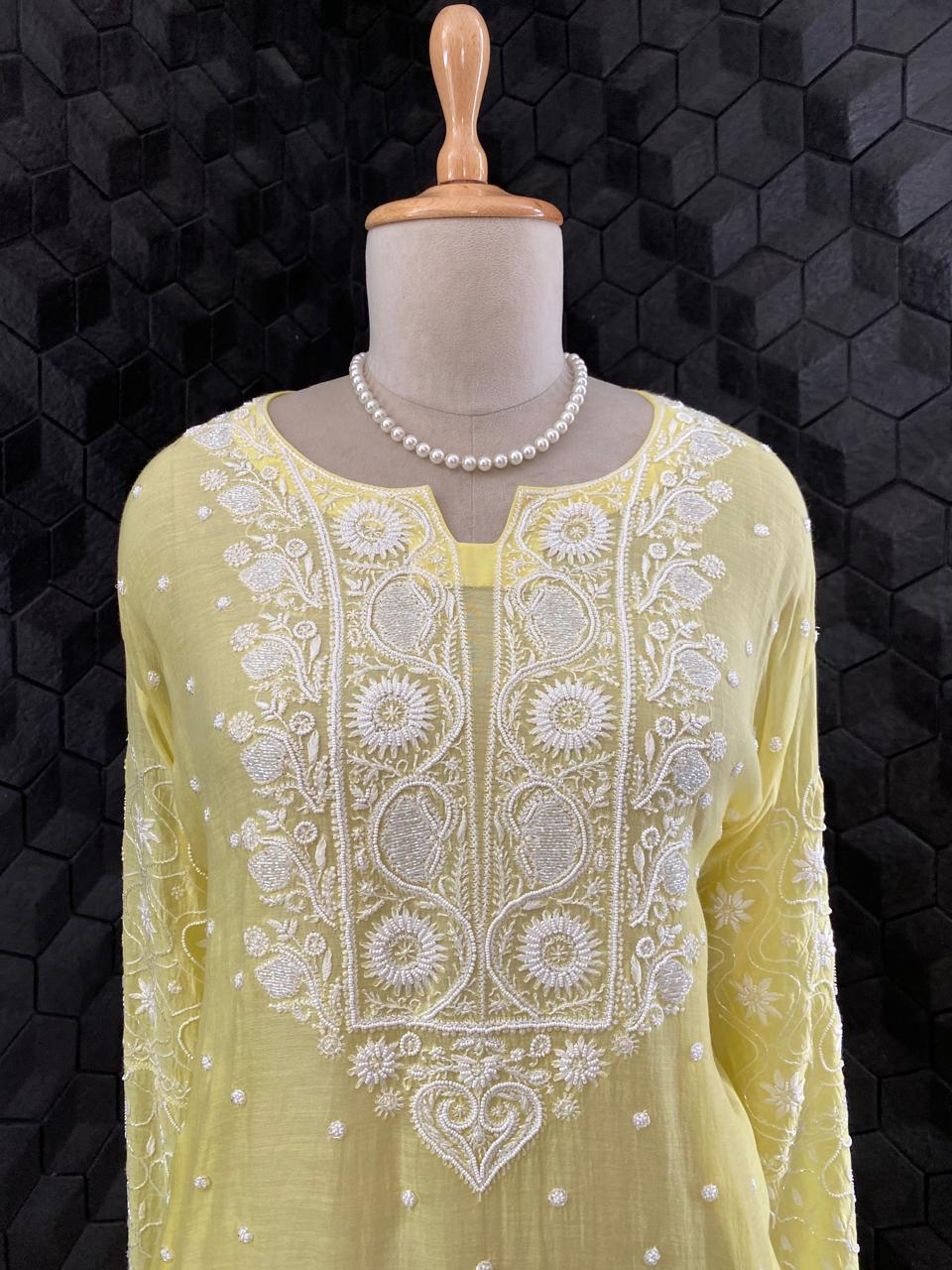 Yellow Mul Chanderi Chikankari Kurta Set