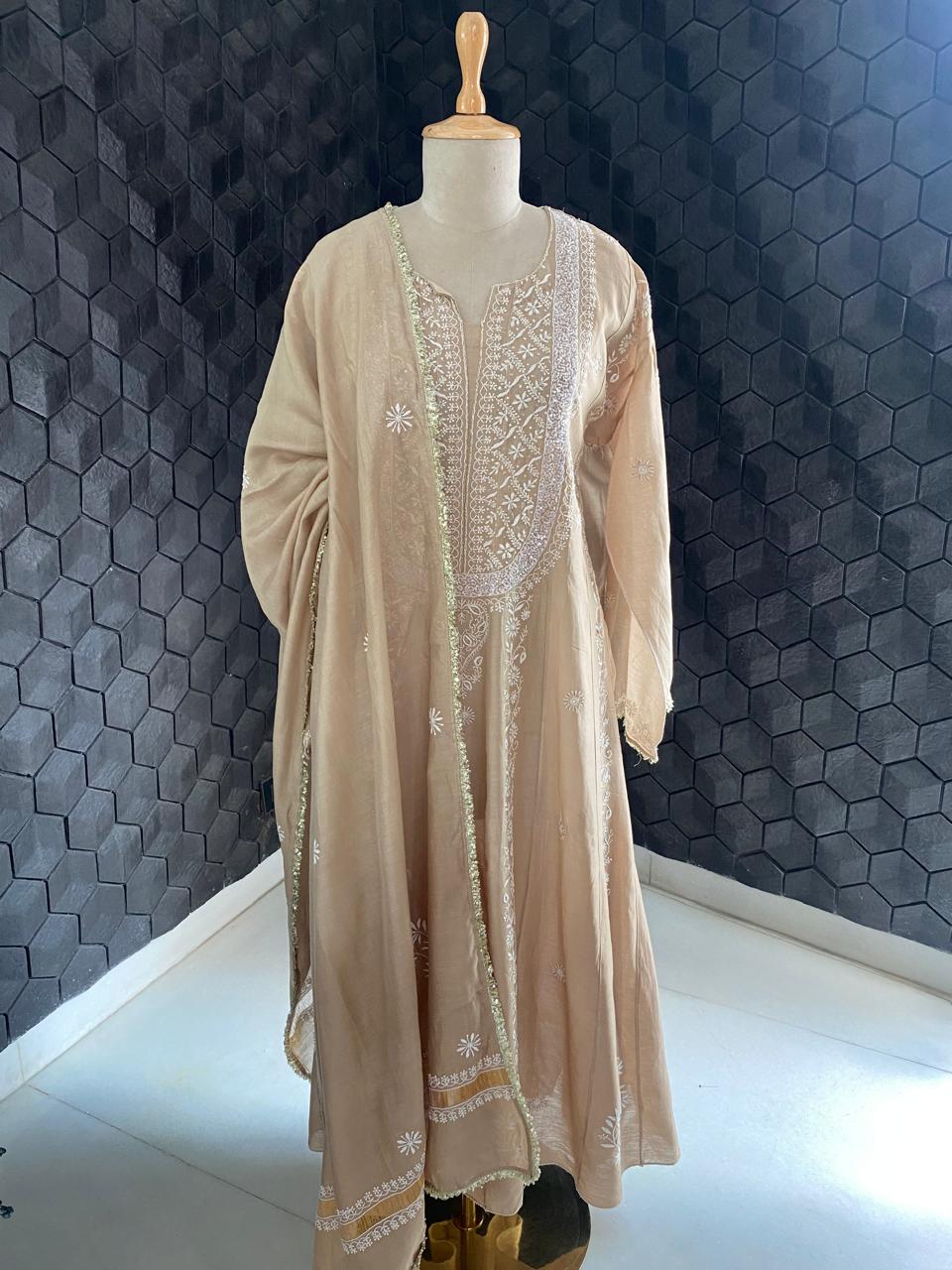 Beige Chanderi Anarkali Kurta Set
