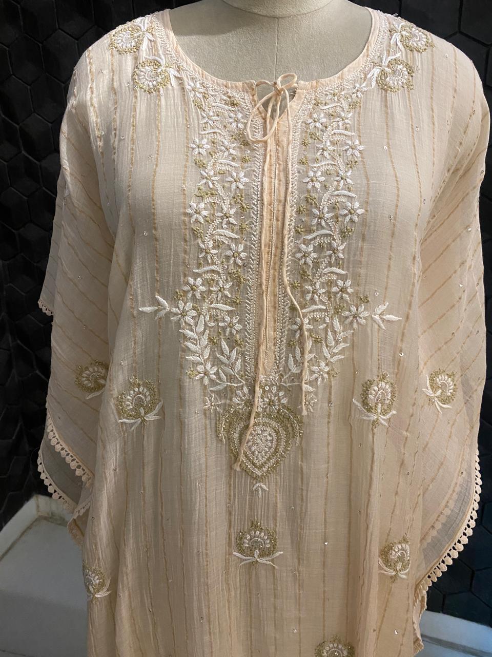 Beige Striped Mul Chanderi Chikankari Kaftan