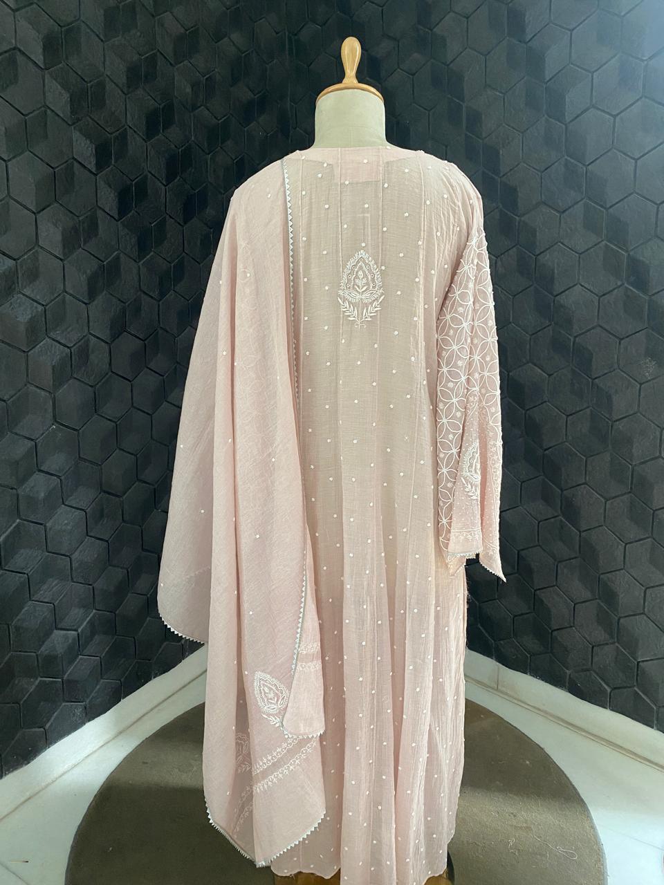 Pink silver tissue chikankari Anarkali set